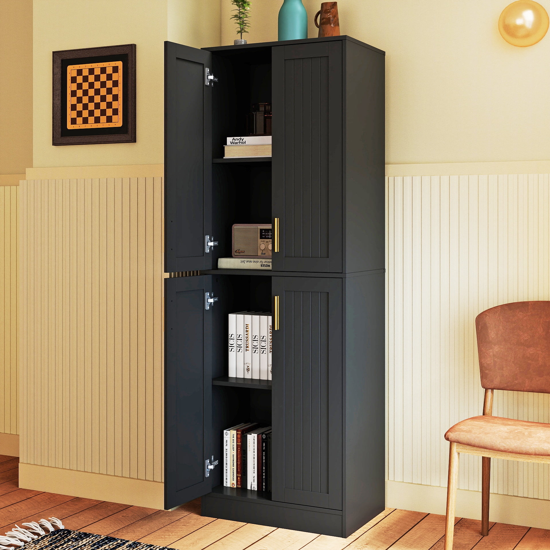 67.7” Tall Modern Storage Cabinet with 2 Adjustable Shelves, Bathroom Cabinet with 4 Doors, Kitchen Cabinets, Cupboard for Kitchen, Living Room