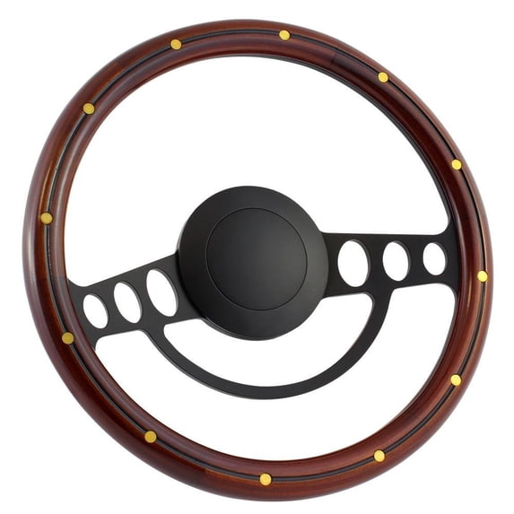 67-74 FORD Van -- Full-size 14 Inch Black (9 Hole) Classic Steering Wheel Mahogany Wood with Brass Rivets Half Wrap