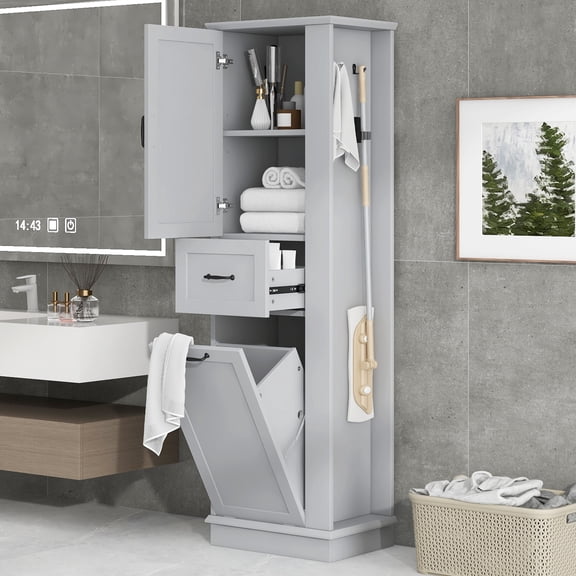 67.8"H Bathroom Storage Cabinet with Laundry Hamper, Wooden Bathroom Pantry Cabinet with 2 Hooks and Adjustable Shelf for Living Room, Gray