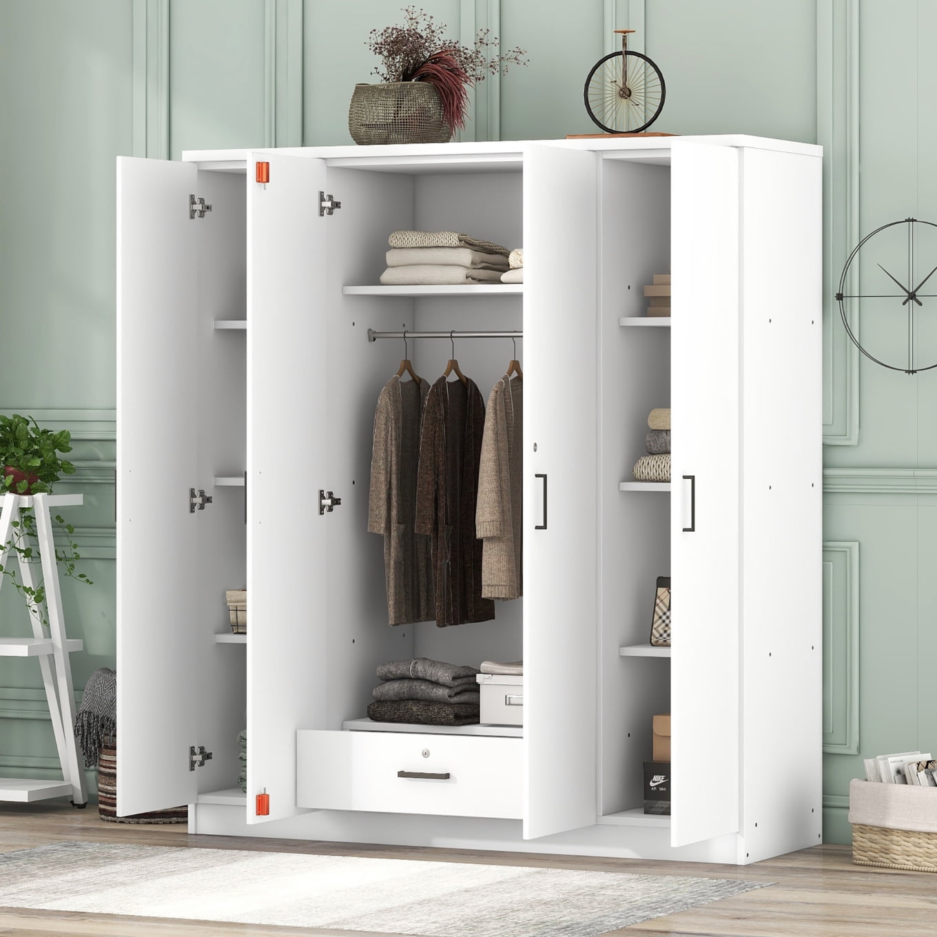 Versatile Modern 4 Door Armoire Wardrobe with 1 Drawer White