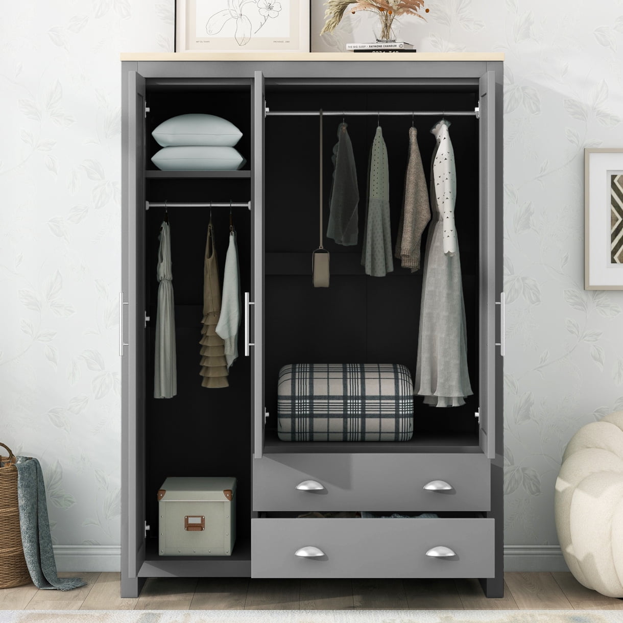 67.9 Large Storage Wardrobe Modern Wood Armoire Closet with Cabinet 2 Hanging Rods 2 Drawers Freestanding 3 Doors Large Closet Storage Cabinet