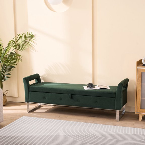 67.91" Wide Green Velvet Bench with Hidden Storage / Comfortable Seating for Afternoon Tea