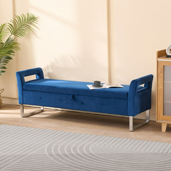 67.91" Wide Velvet Storage Soft Bench with Armrests for Living Room/Entryway/Bedroom (Navy)