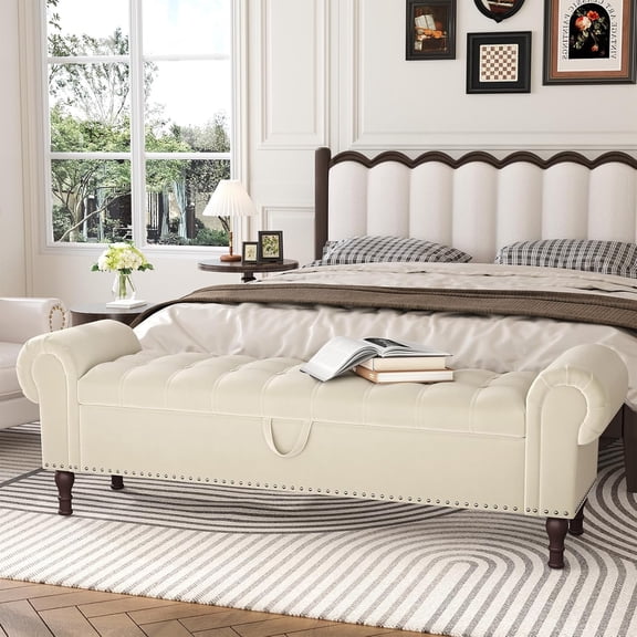 67" Bench with Storage, Upholstered Tufted Button Bedroom Bench with Storage, Soft Velvet End of Bed Bench with Rolled Arms, Storage Ottoman Bench for Bedroom, Living Room, Entryway, Beige