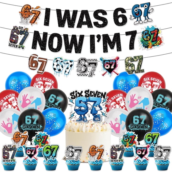 67 Birthday Decorations Set, Six Seven Meme Banner, Cake Topper, 12 Cupcake Toppers, 16 Balloons