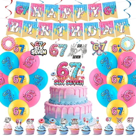 67 Birthday Party Decorations Set, Happy Banner with Balloons Hanging Swirls Toppers and Topper for Six Seven Meme Theme Celebration