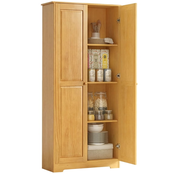 67" Brown Pinewood Kitchen Pantry Storage Cabinet, Freestanding with Doors and Shelves, 132 lbs Capacity
