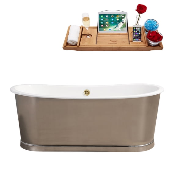 67" Cast Iron R5381GLD Soaking Freestanding Tub and Tray with External Drain