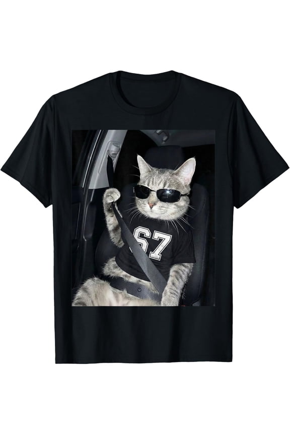 67 Cat Wearing Sunglasses Gen Alpha Funny Six Seven 6 7 Meme T-Shirt- American fashion hot selling casual retro high quality 100% cotton T-shirt 1 piece