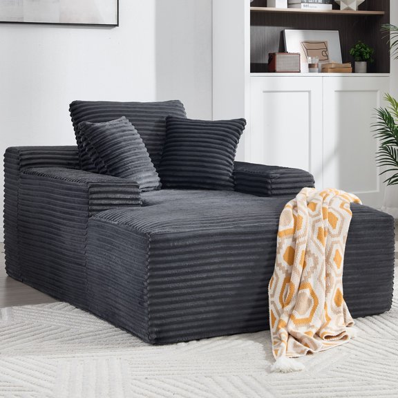 67" Chaise Lounge Chair 9.9" Wide Armrest Indoor Corduroy Oversized Sleeper Sofa for Living Room Deep Seat Lounge and Three Soft Pillows Convertible Boneless Sofa Bed, No Assembly Required(Dark Grey)