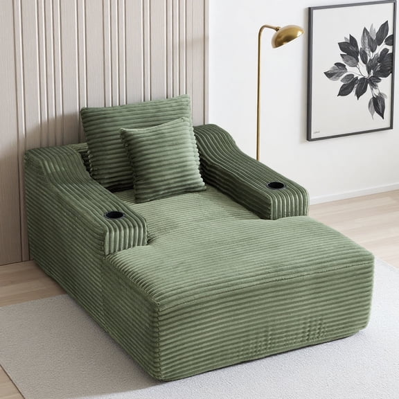 67" Chaise Lounge Chair Indoor Furniture, Oversized Sleeper Chair Comfortable Corduroy Sofa Bed Upholstered Sleeper Couch with Arms and 2 Cup Holders for Home Living Room, No Assembly Required, Green