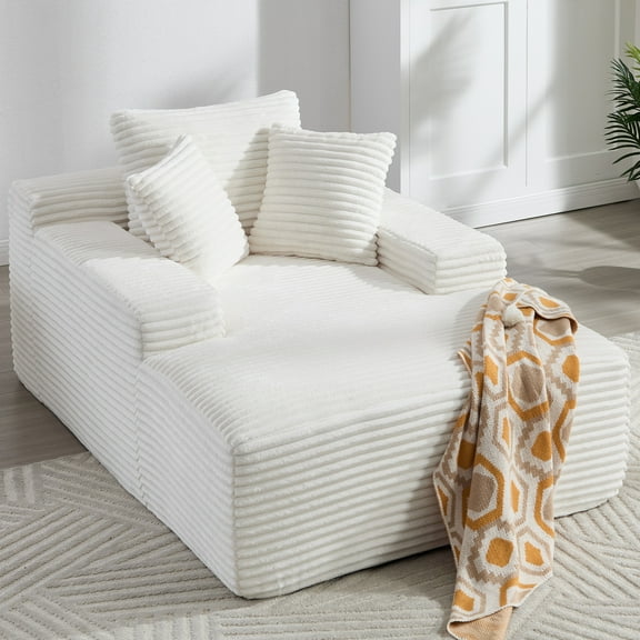 67" Chaise Lounge Chair Indoor, Oversized Sleeper Sofa Bed with Wide Armrest, Upholstered Corduroy Boneless Couch Reading Chairs, White