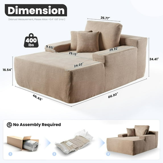 67'' Chaise Lounge Chair Indoor, Oversized Sofa Bed, Cloud-like Plush Corduroy Fabric Sofa for Living Room,