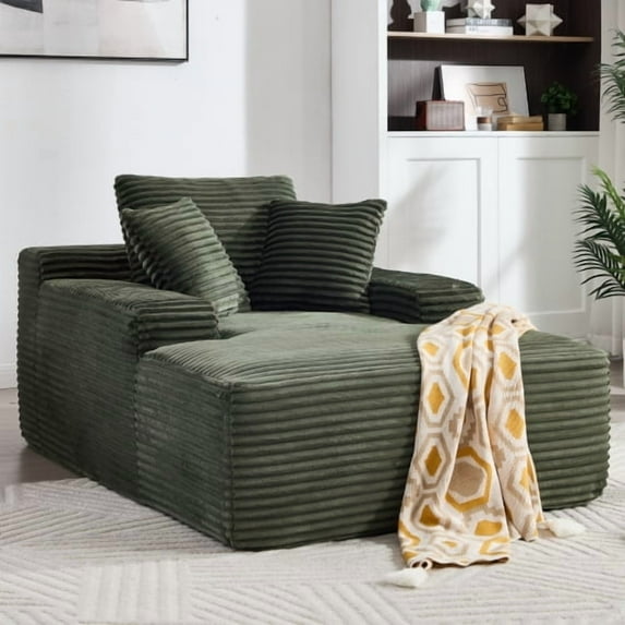 67" Chaise Lounge Chair with Wide Armrests, Corduroy Convertible Sleeper Sofa Bed for Living Room, Oversized Deep Seat Lounge with 3 Pillows, No Assembly Required, Green