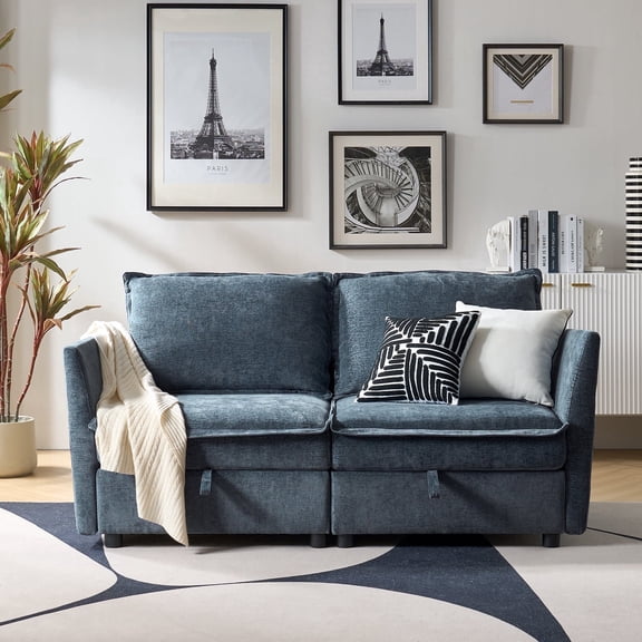 Tina's Home 67" Chenille Loveseat Sofa 2 Seater Couch with Storage Convertible Oversized Sleeper Sofa Living Room with Pillows Blue