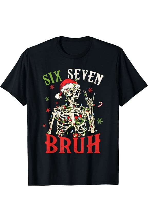 67 Christmas Funny Six Seven Bruh Meme Skeleton Santa Claus Adult T-Shirt