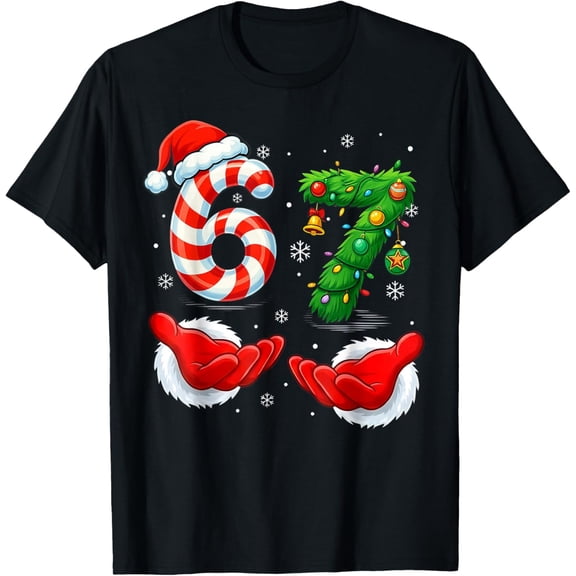 67 Christmas Shirt Xmas 6 7 Santa Hands Candy Cane Tree T-Shirt