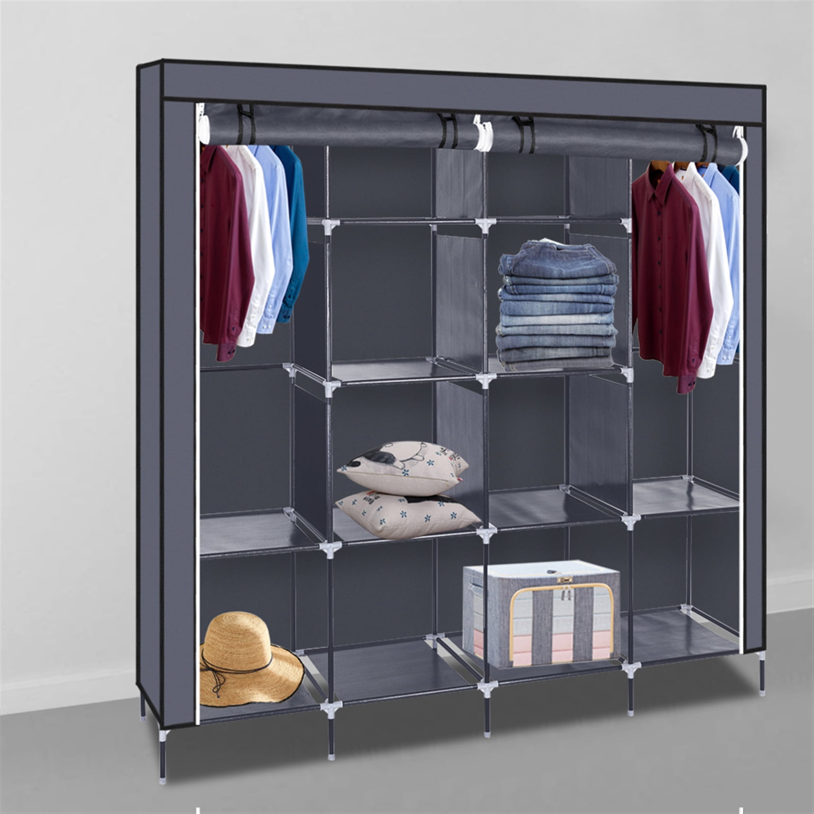 67" Clothes Closet Portable Wardrobe Clothes Storage Rack 12 Shelves 4 Side Pockets, Gray
