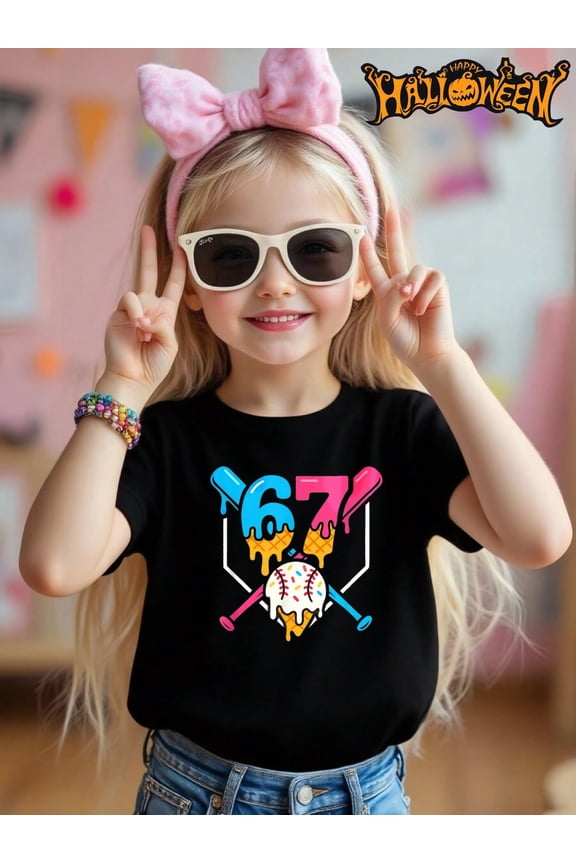 67 Colorful Baseball Patterned Novelty Graphic Kid T-Shirt Casual Style With 100% Cotton Fabric,Suitable for Boys And Girls,Size From 3T-13Y,Ideal Gift for Kids