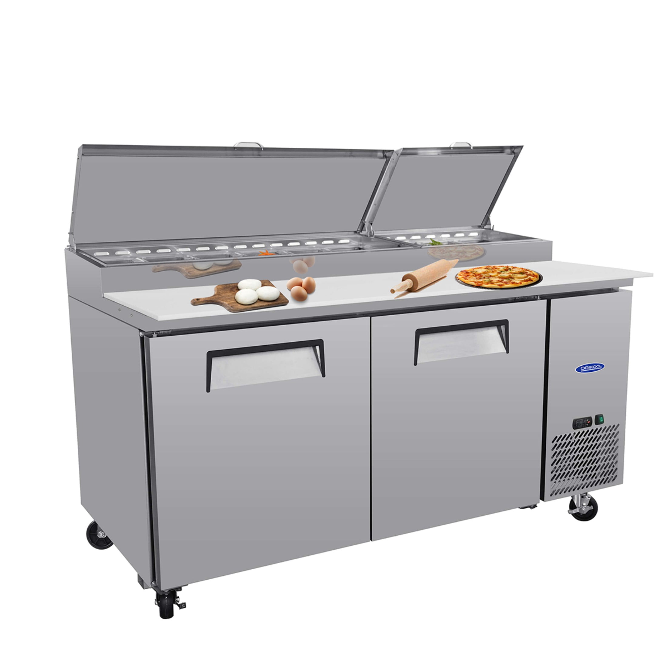 67 IN Commercial Pizza Prep Table with a Built-in Refrigerator 20.3 Cu.Ft, Butcher Block Cutting Board, Protection Lid, Cold Storage, and Smooth-Rolling Casters, ETL Certified （LTL carry)）