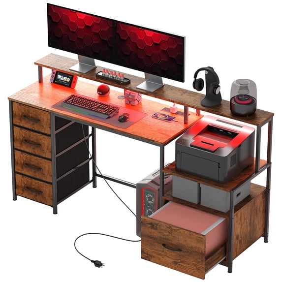 67" Computer Desk Home Office Desk with File Cabinet Lights Rustic Brown