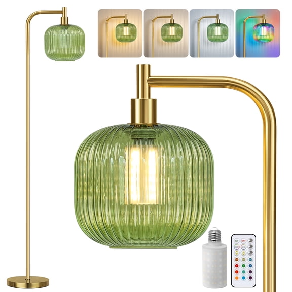 67" Cordless Floor Lamp for Living Room, Standing Lamp with Ribbed Glass Shade, Tall Lamp with Timer & RGB, Remote Floor Lamp for Bedroom, Bulb Included