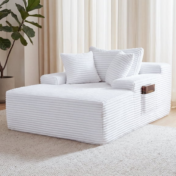 67" Corduroy Boneless Chaise Sofa for Living Room, 9.9'' Wide Armrest Lounge Chair, Indoor Oversized Sleeper Sofa, Deep Seat, 3 Soft Pillows Sofa Bed, No Assembly Required, White