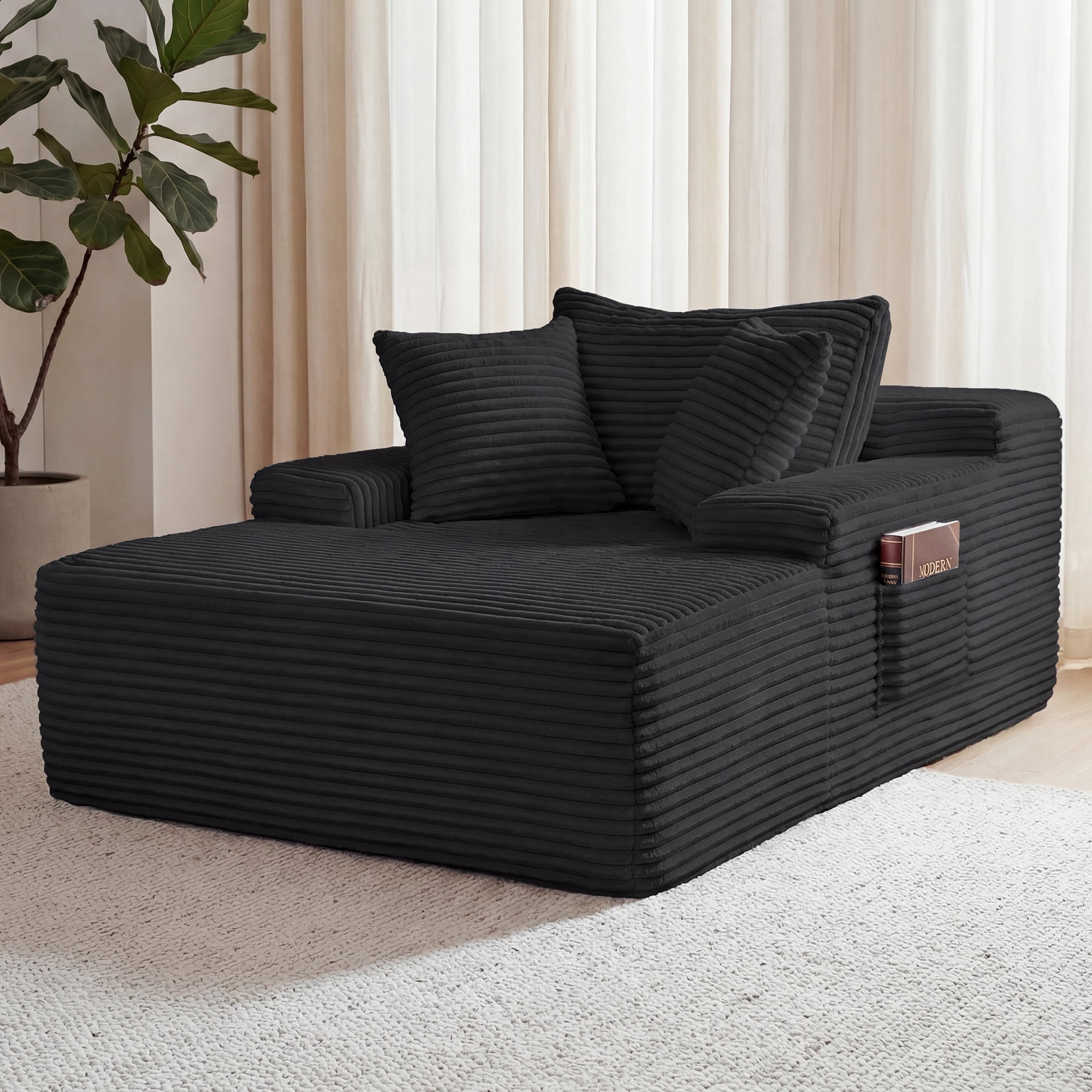 67" Corduroy Boneless Chaise Sofa for Living Room, 9.9'' Wide Armrest Lounge Chair, Indoor Oversized Sleeper Sofa, Deep Seat, 3 Soft Pillows Sofa Bed, No Assembly Required, Black