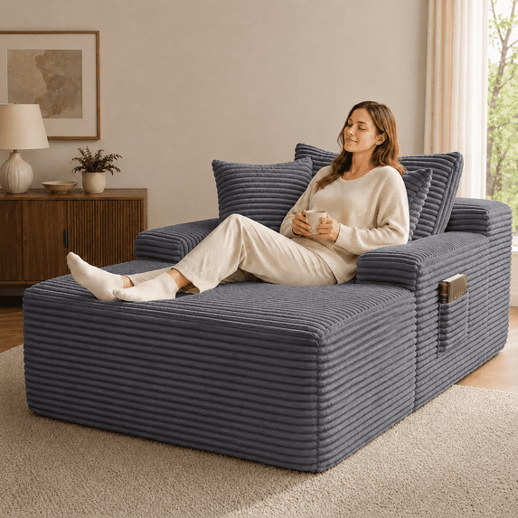 67" Corduroy Boneless Chaise Sofa for Living Room, 9.9'' Wide Armrest Lounge Chair, Indoor Oversized Sleeper Sofa, Deep Seat, 3 Soft Pillows Sofa Bed, No Assembly Required, Gray