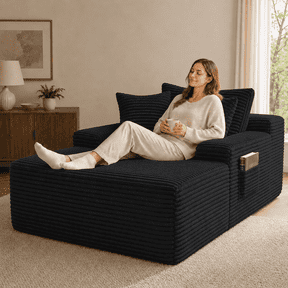 67" Corduroy Boneless Chaise Sofa Couch for Living Room, Wide Armrest Lounge Chair, Indoor Oversized Sleeper Sofa Bed, No Assembly Required, Black