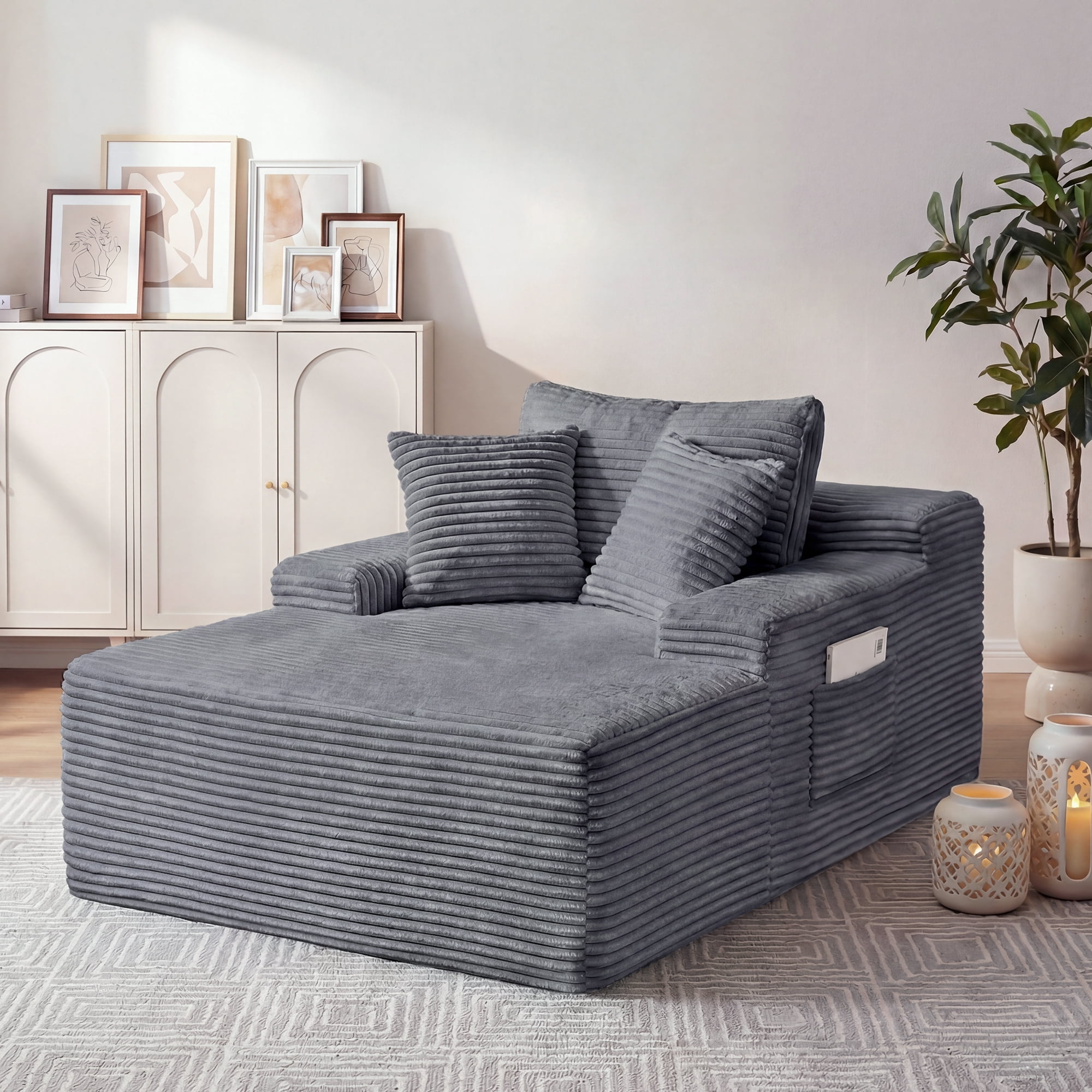 67" Corduroy Boneless Chaise Sofa for Living Room, 9.9'' Wide Armrest Lounge Chair, Indoor Oversized Sleeper Sofa, Deep Seat, 3 Soft Pillows Sofa Bed, No Assembly Required, Gray