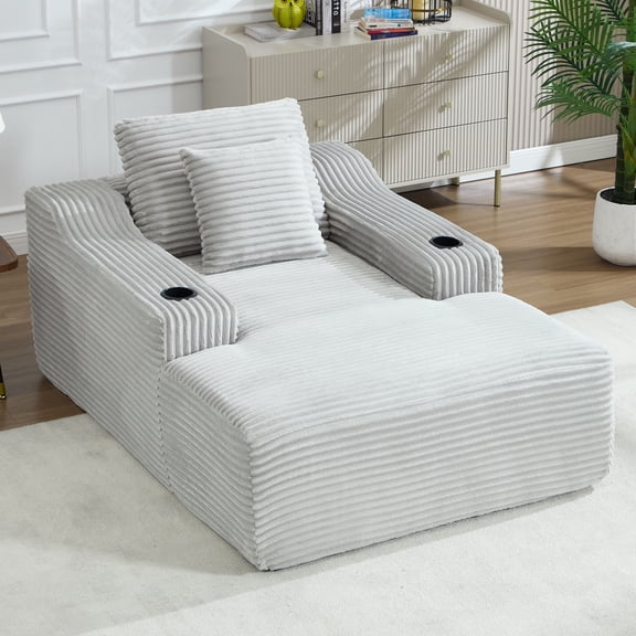 67" Corduroy Oversized Chaise Lounge Chair, Convertible Sofa Bed with Cup Holder Armrests, Deep Seat Sleeper Chair for Living Room, Light Grey, No Assembly Required