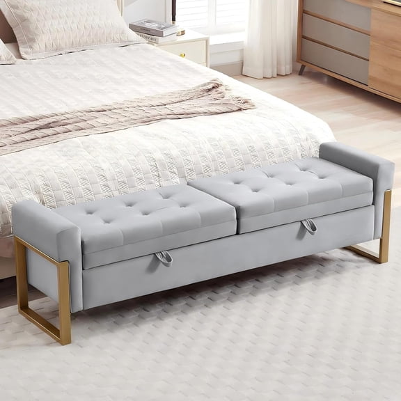 67" End of Bed Bench King Size, Velvet Storage Bench for Bedroom Foot of Bed, Upholstered Double Lids Storage Ottoman Bench with Golden Legs for Window Living Room Entryway, Light Grey