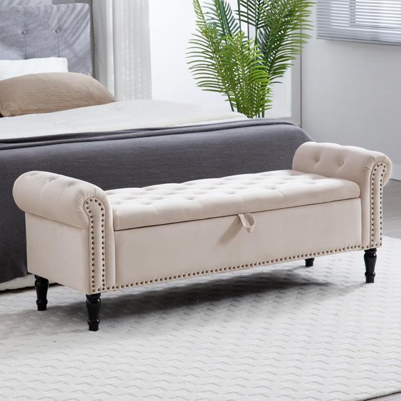 67'' End of Bed Storage Bench King Size, Storage Bench for Bedroom End of Bed, Upholstered Tufted Storage Ottoman Benches with Arms for Living Room, Entryway, Velvet Beige
