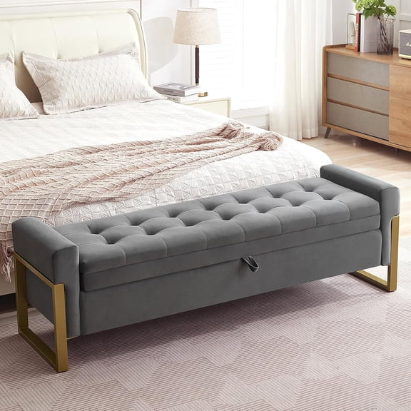 67" End of Bed Storage Bench King Size, Velvet Storage Bench for Bedroom Foot of Bed, Upholstered Storage Ottoman Bench with Gold Legs for Window Living Room Entryway, Dark Grey