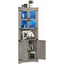 67" Farmhouse Corner Cabinet with Lights, Tall Glass-Door Hutch Display Organizer for Kitchen, Living Room, or Bathroom