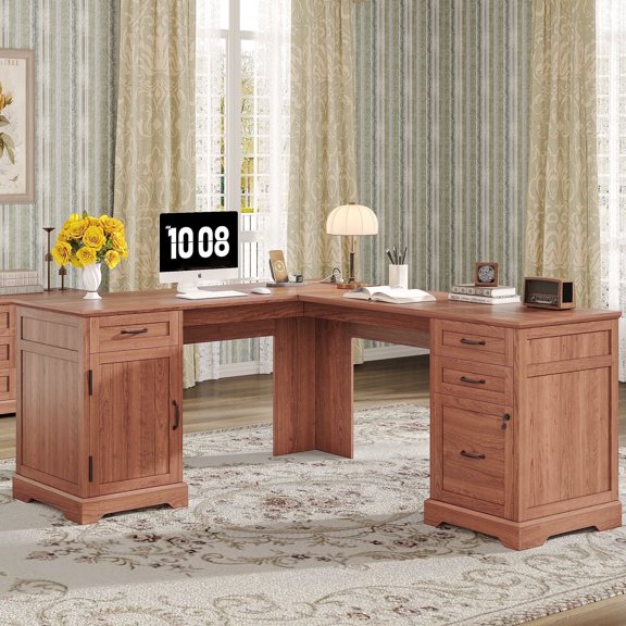 67'' Farmhouse L Shape Desk with File Drawers and Charging Station for Home Office, Cherry Brown