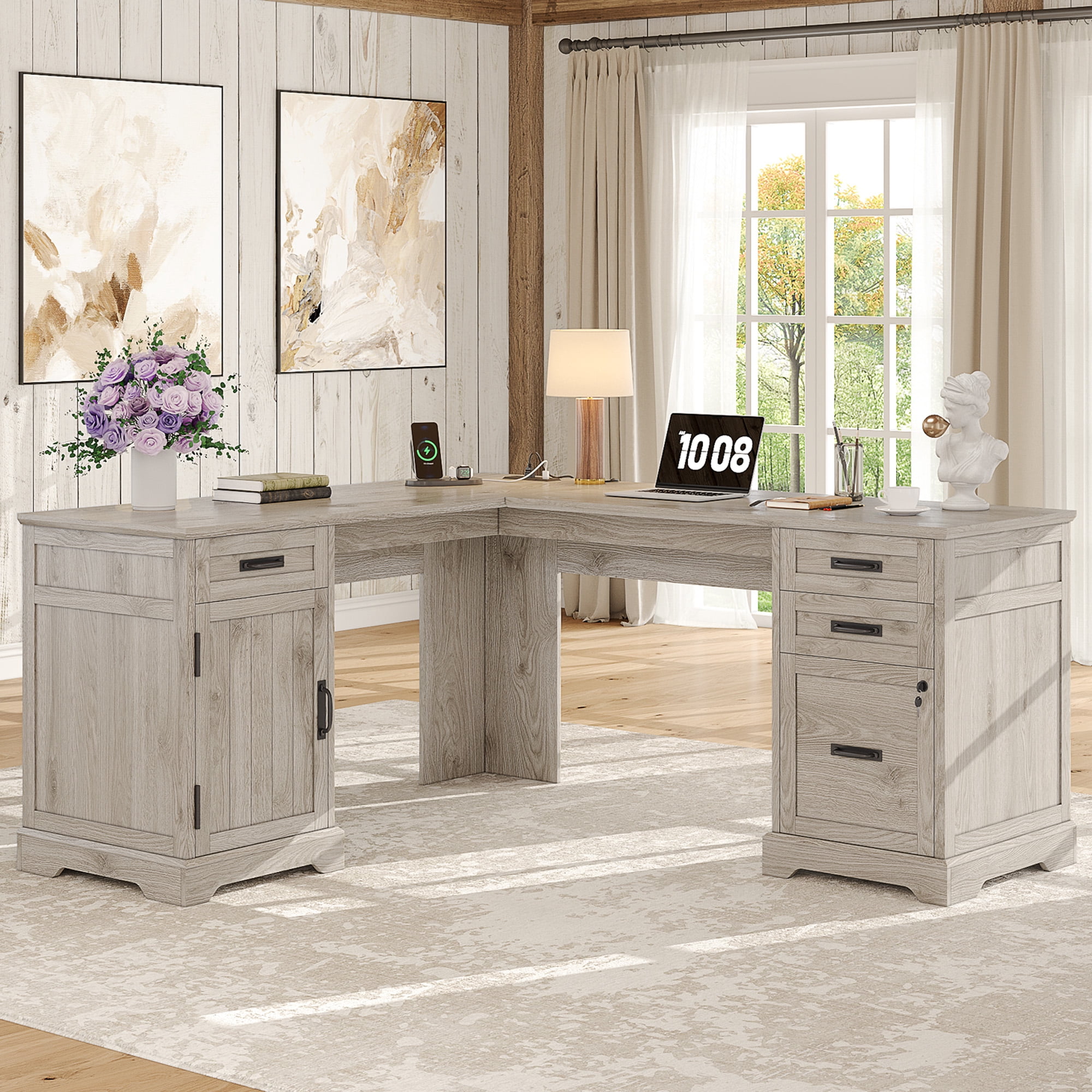 67'' Farmhouse L Shape Desk with File Drawers and Charging Station for Home Office, Light Wash Gray