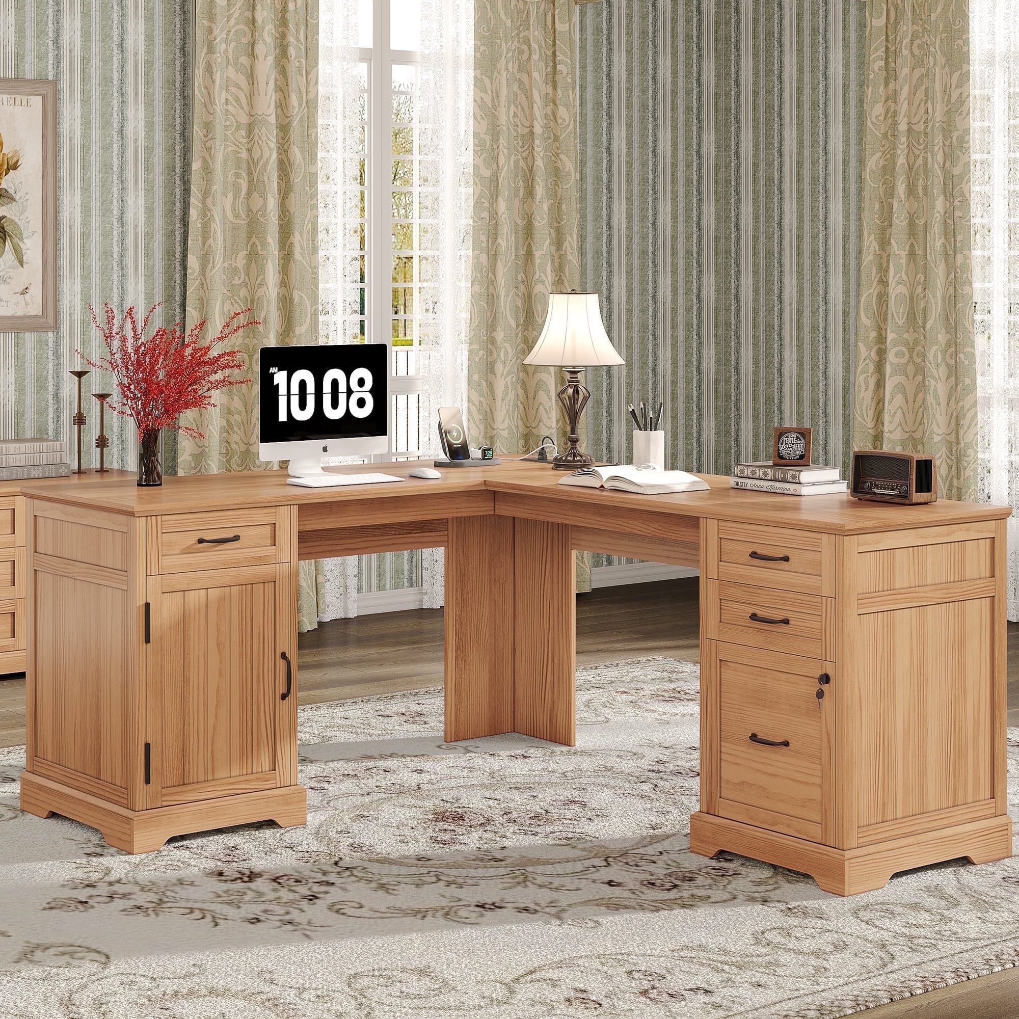 67'' Farmhouse L Shape Desk with File Drawers and Charging Station for Home Office, Walnut