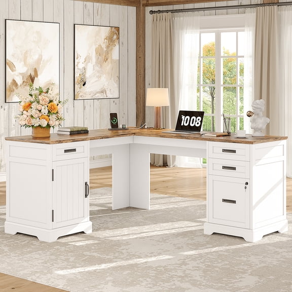 67'' Farmhouse L Shape Desk with File Drawers and Charging Station for Home Office, White