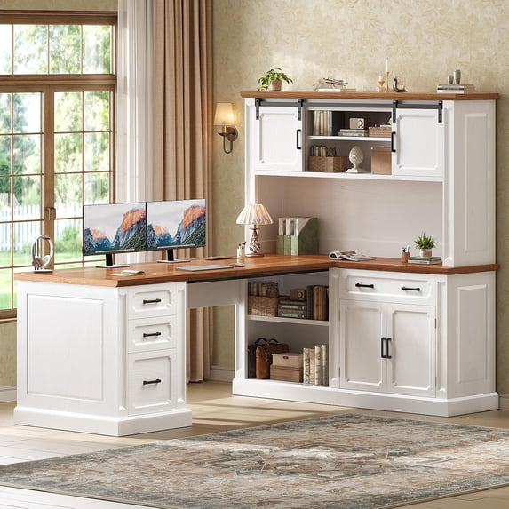 67" Farmhouse L Shaped Computer Desk with 4 Drawers and Storage Cabinet, Executive Desk for Home Office