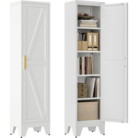 67''Farmhouse Metal Storage Cabinet with Barn Doors,Steel File Cabinet for Home Office,Kitchen Pantry 4 Adjustable Shelves,Freestanding Cupboard for Kitchen,HomeOffice(White)