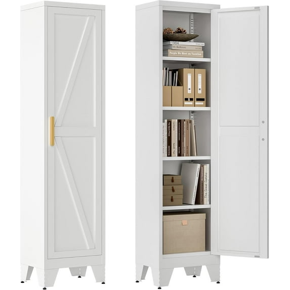 67''Farmhouse Metal Storage Cabinet with Barn Doors,Steel File Cabinet for Home Office,Kitchen Pantry 4 Adjustable Shelves,Freestanding Cupboard for Kitchen,HomeOffice(White)