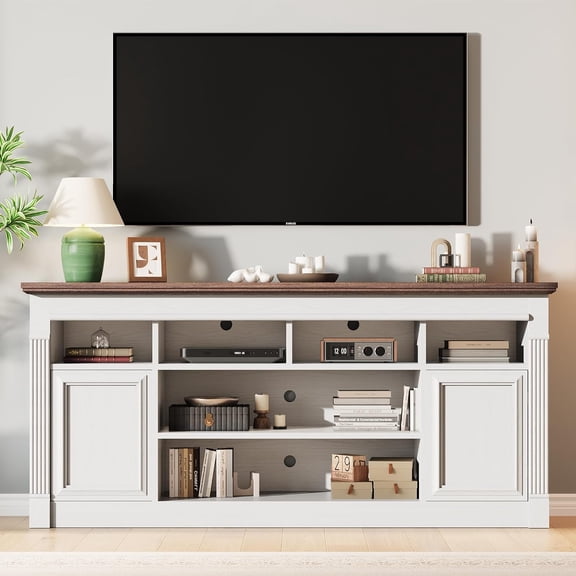 67" Farmhouse TV Stand for TVs Up to 75", White Entertainment Center with Open Storage & Adjustable Shelves, TV Console with Doors