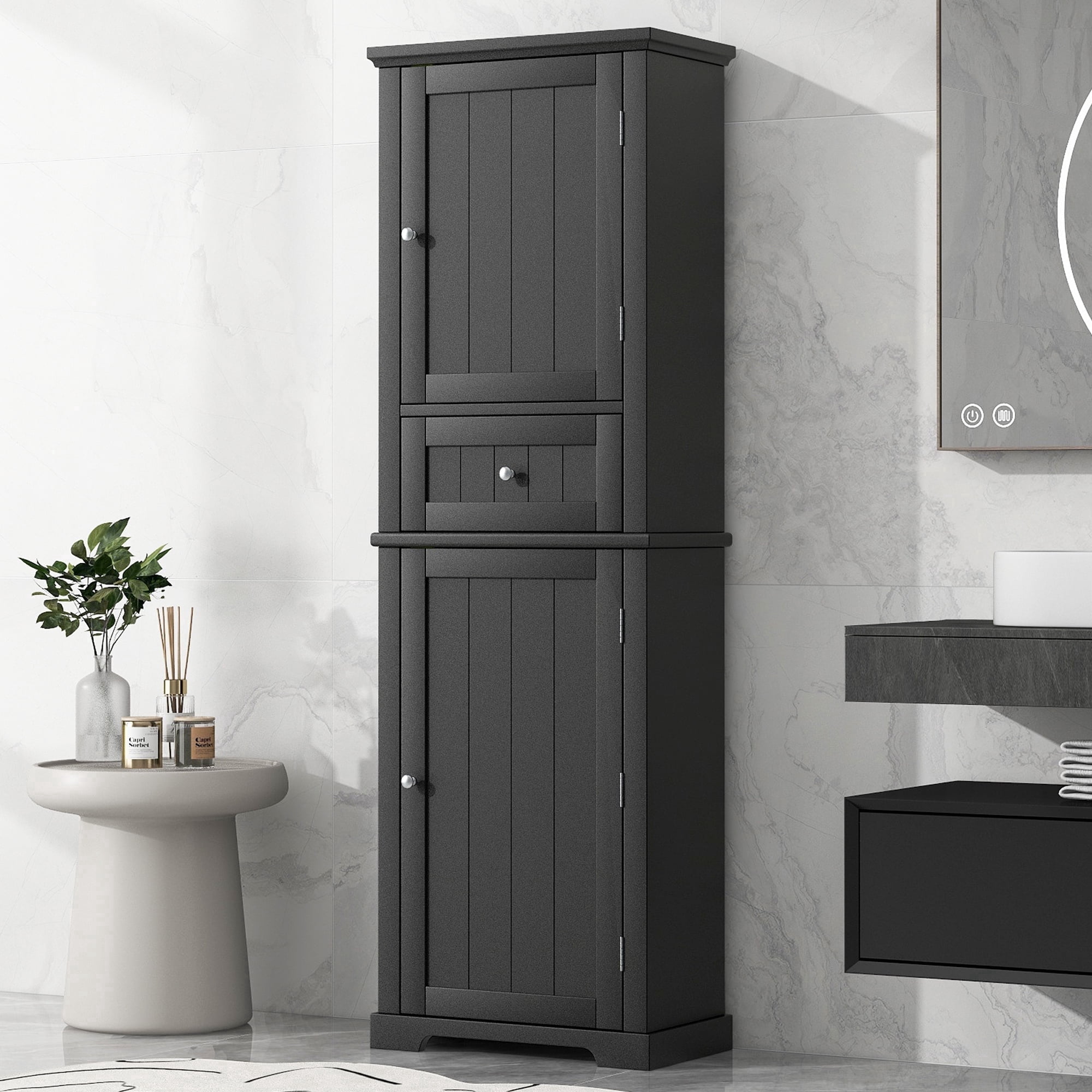67" Tall Bathroom Cabinet, Modern Narrow Storage Towel with Adjustable Shelves and Darwer, Freestanding Fluted Pantry Cabinet for Kitchen,Laundry Room