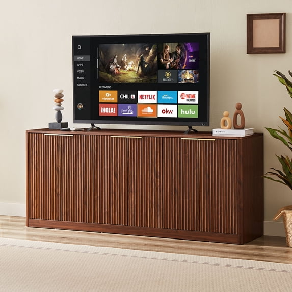 67" Fluted Buffet Cabinet Sideboard with Storage, 6-Door Curved Contour Design Storage Cabinet, Wood Mid Century Modern Sideboard for Kitchen and Living Room, Walnut
