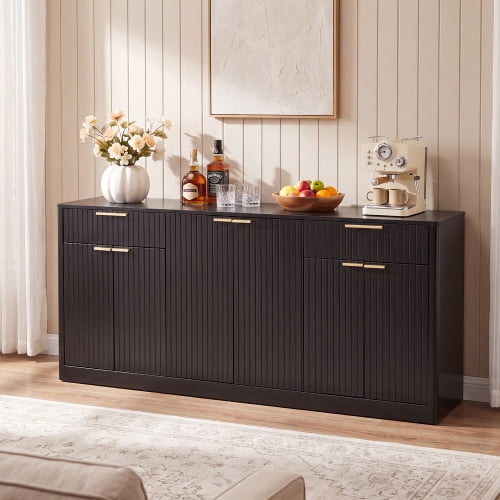 67" Fluted Buffet Sideboard, Modern Wine Bar Cabinet with 6 Doors & 2 Drawers, Coffee Bar Credenza for Dining Room, Living Room, Entryway, Black