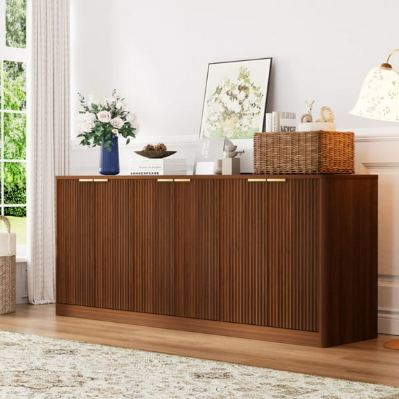 67" Fluted Sideboard Cabinet with 6 Doors, Walnut Buffet Storage Credenza with Adjustable Shelves,Mid Century Modern Kitchen Cabinet for Dining Room,Living Room