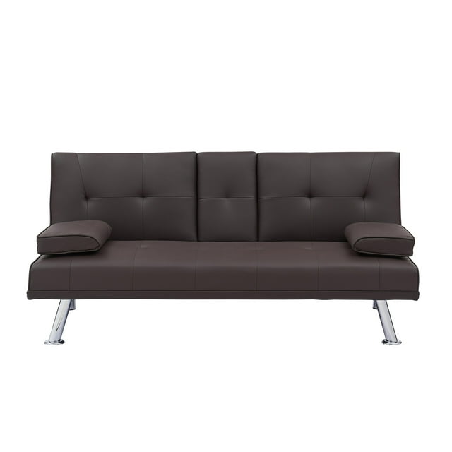 67" Folding Sofa Bed with Adjustable Backrest and Silver Metal Legs, Modern Leather Multifunctional Double Sofa Bed with Coffee Table in the Middle for Living Room Bedroom, Brown