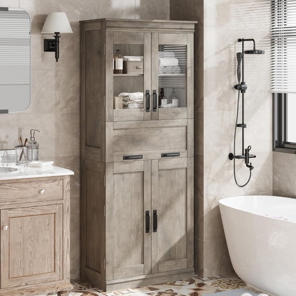67" Freestanding Bathroom Storage Cabinet with Glass Doors and Drawer, Adjustable Shelves, Tall Linen Tower for Laundry, Kitchen, – Rustic Brown,Single Row